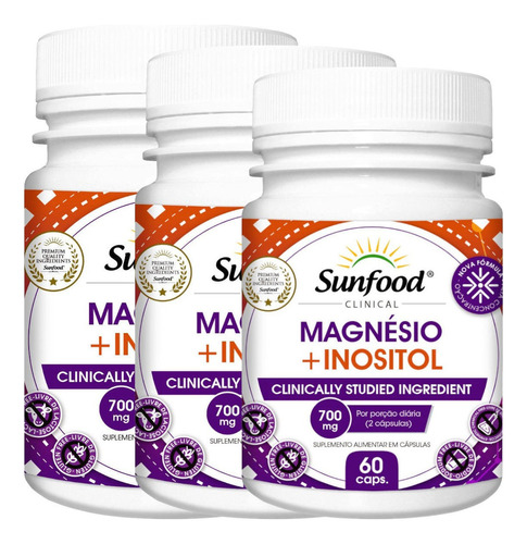 Suplemento Capsula Sunfood Magnesio Inositol 3 Potes 60unid Sabor Sem Sabor
