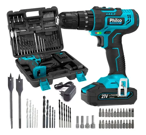 Parafusadeira Furadeira de Impacto Profissional 21V 3/8 10mm Philco PPF21MF com Maleta e 74 Acessórios Cor Azul