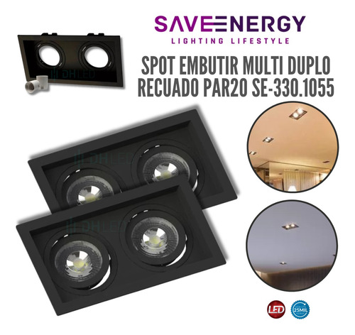 Kit 12x Spot Embutir Duplo Par20 Recuado Preto Save Energy 110v/220v