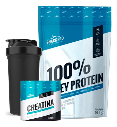 100% Whey Protein 900g + Creatina Pura 300g - Shark Pro Sabor Chocolate Branco