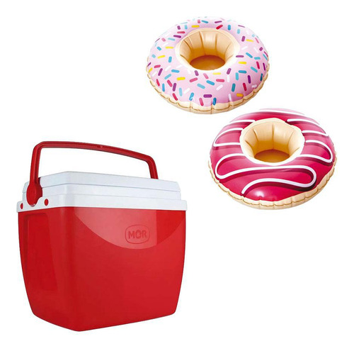 Kit Caixa Térmica 18l Vermelho Mor + 2 Bóias De Copo Donuts