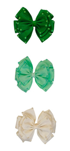 Paquete(3pz) Moños Perla Color Verde Tamaño Junior Para Niña