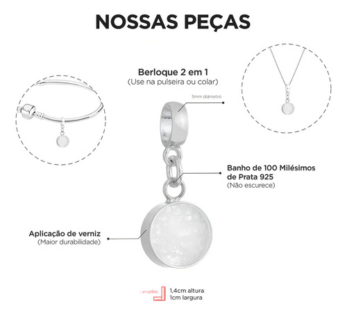 Work Semijoias Sorte Talismã Amuleto Pingente Berloque Charms Redondo Prata