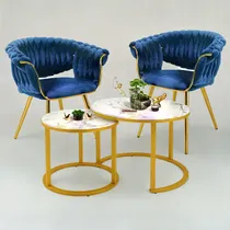 Comprar Set 2 Mesas Centro + 2 Sillas Comedor Tapizadas Terciopelo Color Blanco y Azul