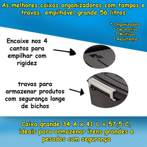 Kit Com 10 Caixas Organizadoras Com Tampa E Trava 56 Litros Grande Resistente Preta Com Brinde 123Organizei