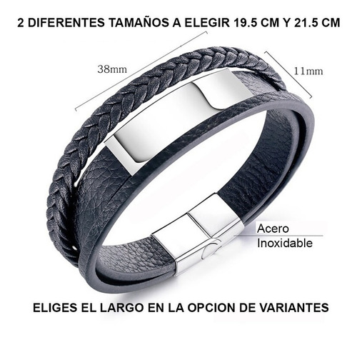 Imagen 4 de 6 de Pulsera Acero Y Piel Grabado Alerta Medica 1104