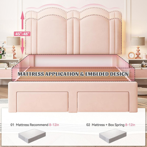 Base De Cama C/ Cajones Y Luces Led Enhomee Matrimonial Rosa