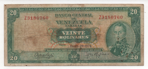 Billete De 20 Bs Enero 1974 Z7 Fine