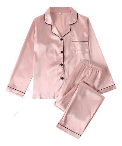 Pijama Mujer Seda Pantalon Largo Camisa Sexy Boton Bolsillos