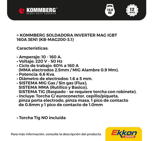 Imagen 5 de 10 de Soldadora Mig Flux 160 A Kommberg 3 En 1 Tig Mma Gas/no Gas