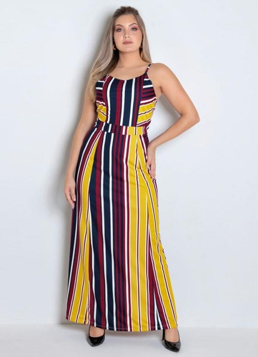 Imagem 4 de 5 de Vestido Longo Feminino Listrado Moda Evangélica 3086227