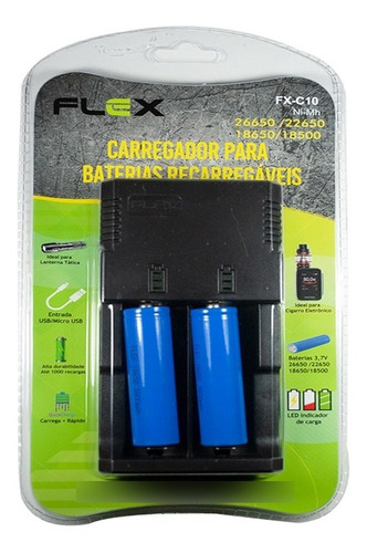 Imagem 1 de 2 de Carregador Com 2 Baterias 18650 Flex 3800mah Recarreg C10 Nf