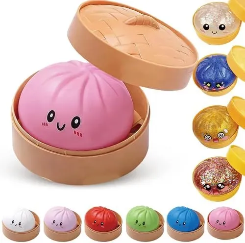 Dumpling Squishy,Squishiest Bun Dumplings with Steamer Box,9 cm Mystery Dumplings Trend , Juguete antiestrés para adultos, ideal como regalo de fiesta o S (dorado