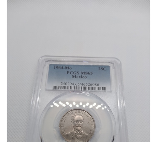 Antigua Moneda México 25c Año1964 Certificada Sin Circular