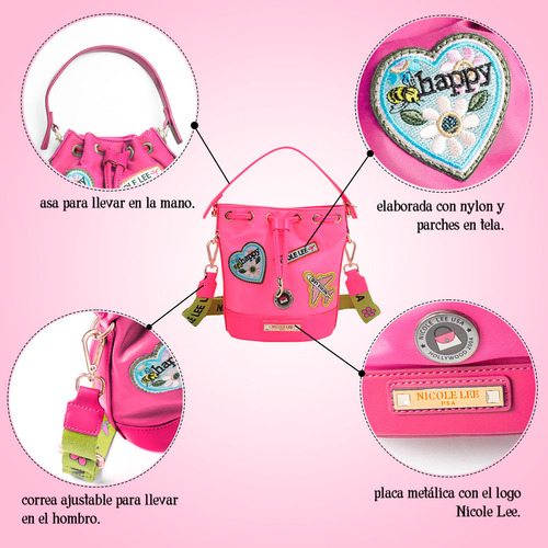 Bolsa De Jareta De Nicole Lee De Nylon Con Parches Ss25 Acabado de los herrajes Níquel Color Rosa chicle Correa de hombro Color Patch Diseño de la tela Color Patch