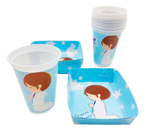 Kit 12 Vasos 12 Platos Decorativos Primera Comunion Niño