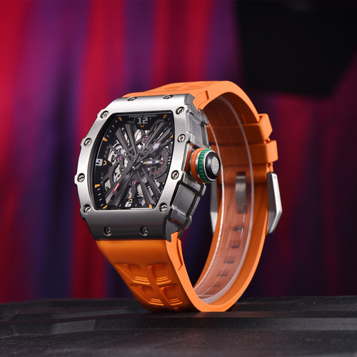 Reloj De Pulsera Analógico Ejecutivo Pagani Design Para Homb Correa Naranja Bisel Plateado Fondo Negro
