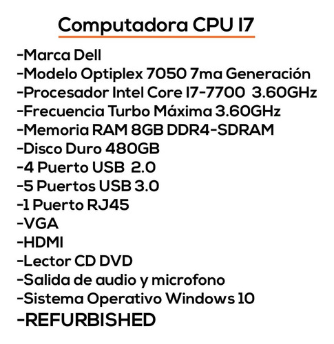 Computadora Dell Optiplex 7050 I7 7ma Gen 8gb 480gb Bagc