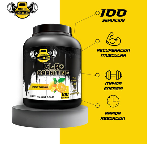 Cla + Carnitina 1kg Guns Suplements 100 Servs Pre Entreno Naranja