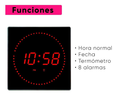Reloj De Pared Led Termómetro Calendario 8 Alarmas 32x32cm +