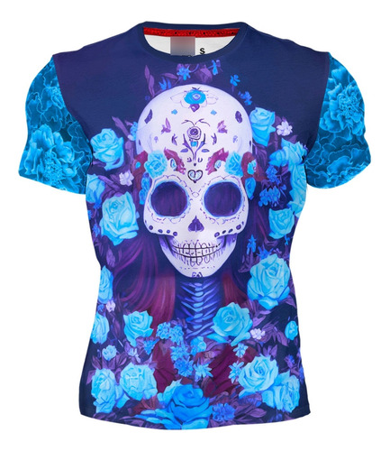 Playera Caballero Manga Corta Calavera Rosas Y Flores  C0007