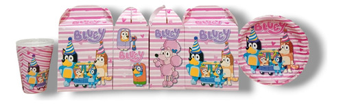 Labubu Kit Fiestas De Cumpleaños Cajas+vasos+platos 50p Bluey Rosa Bluey Rosa Bluey Rosa