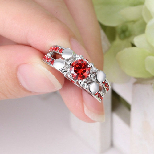 Anillo Acero Enchapado Compromiso Plata Piedra Circon Rojo C