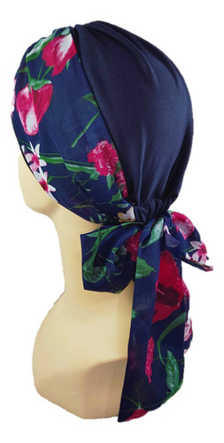 Turbante Oncológico Para Mujer De Algodón C/ Banda Mascada Color Azul Marino Estampado