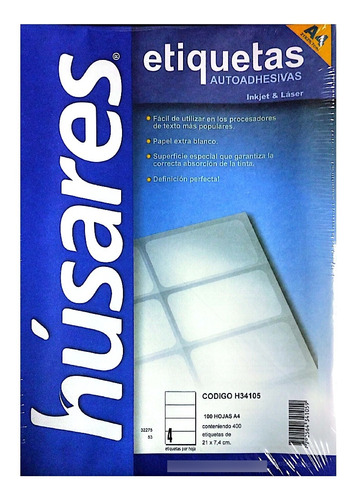 Etiquetas Husares A4 Cod H34105 Medida 21 X 7.40 Cm Paq X100