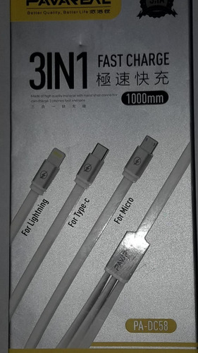 Cable Data 3en1 Microusb Tipo C iPhone 1m Carga Rapida 3.1a
