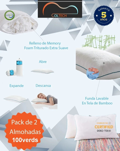 Almohada De Memory Foam Funda De Bamboo Pack 2 Almohadas