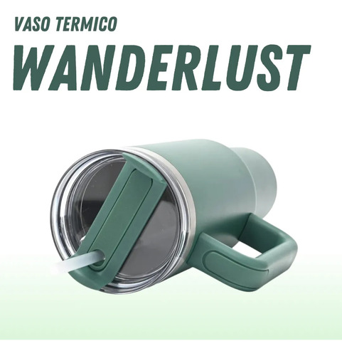 Vaso Térmico Wanderlust Color Verde Con Bombilla 1200ml Acero Inoxidable Aislado Doble Capa Tapa Hermética Estilo Moderno Ideal Para Mate Café Jugos Viajes Trabajo Uso Diario