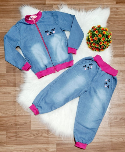 Imagem 5 de 8 de Conjunto Inverno Infantil Jeans Cílios Menina Jaqueta Calça