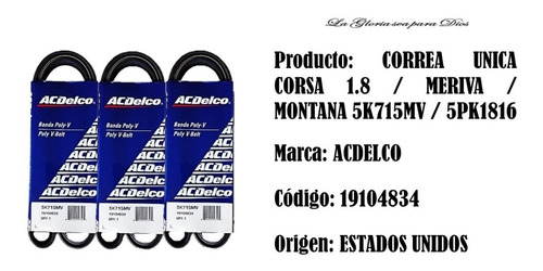 Correa Unica Corsa 1.8 / Meriva / Montana 5k715mv / 5pk1816