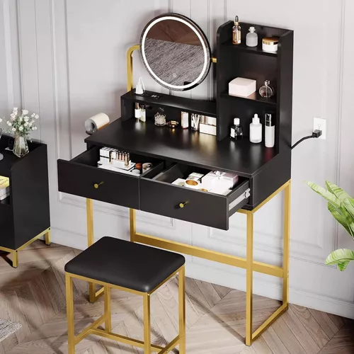 Mesa de tocador de maquillaje con espejo iluminado, juego de tocador negro  con soporte para secador de pelo, brillo ajustable, tocador pequeño para