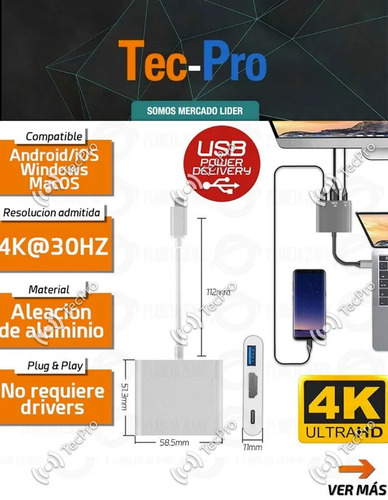 Imagen 5 de 8 de Adaptador Cable Usb C 3.0 3 En 1 Pd Notebook Hdmi 4k Hub