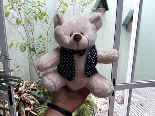 Mini Urso De Pelúcia Ursinho 20cm Com Colete Azul De Bolinha