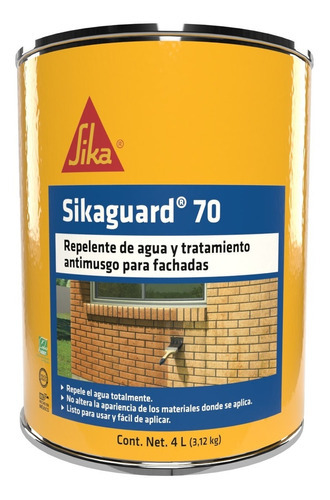 Repelente De Agua Sikaguard 70 Incolora Fachadas Y Muro 4l Color Incoloro