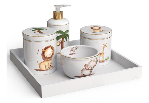 Kit Higiene  Safari Com Friso Em Ouro E Bandeja Mdf 5 Peças