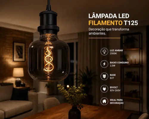 Lâmpada Led Filamento Vetrô 2,5w 2500k Mod. T125 Bivolt Fume