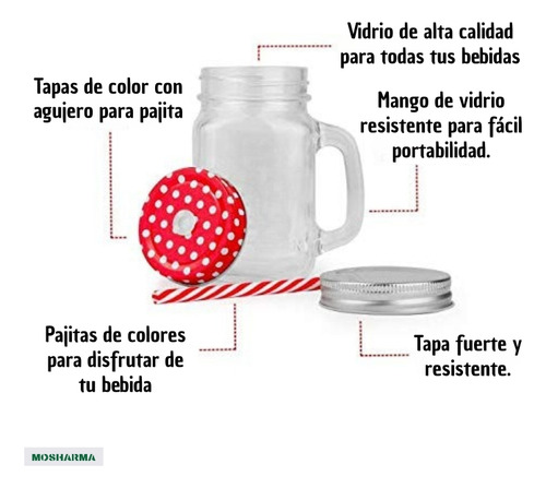 Frasco Jarro Vaso Vidrio 480ml Mosharma Con Tapa Y Sorbete Colores Manija Souvenir