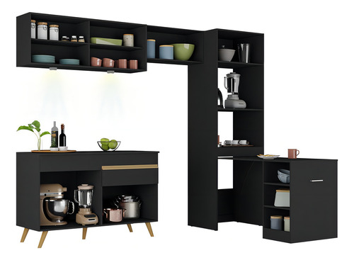 Armário Cozinha Compacta 252 cm Veneza Up Multimóveis V2029 Cor Negro/Dorado