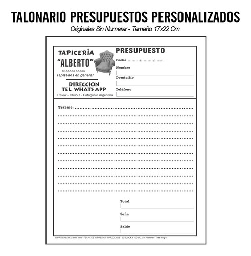 50 Talonarios Presupuesto - Nota Pedido - Comprobante 17x22