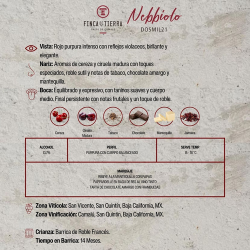 Finca De Tierra Vino Tinto Nebbiolo 2021 - Botella 750ml