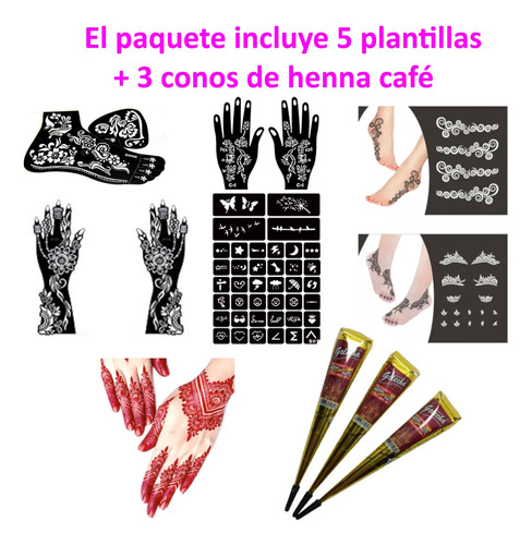 5 Plantillas Stencil +3 Conos Henna Color Café Tatuaje Temp