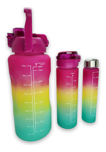 3 Garrafas Água Galão 2l 900ml 500ml Degrade Academia Escola