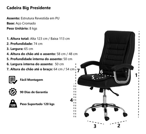 Imagem 4 de 5 de Cadeira Escritório Big Presidente Pu Preta