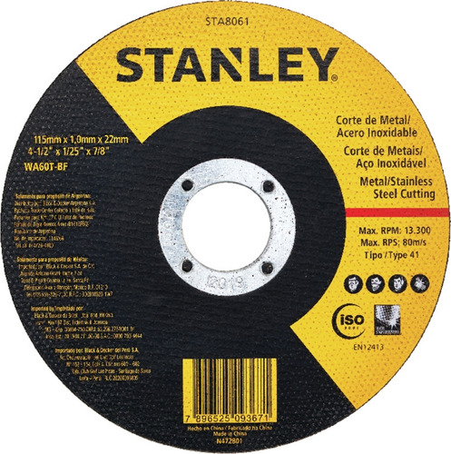 Disco Corte Metal Acero Inox 115mm 1.6mm Stanley X 10 Discos