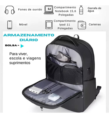 Mochila Bolsa Premium Grande 39l Notebook 15,6 Com Usb Preto Fosco Mark Ryden Mr3950