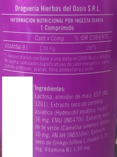 Suplemento Centella + Té Verde + Ginkgo Hierbas Del Oasis